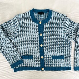 Ann Taylor Women's Chunky Knit Cardigan Size S Blue Gold Buttons Preppy Ladylike